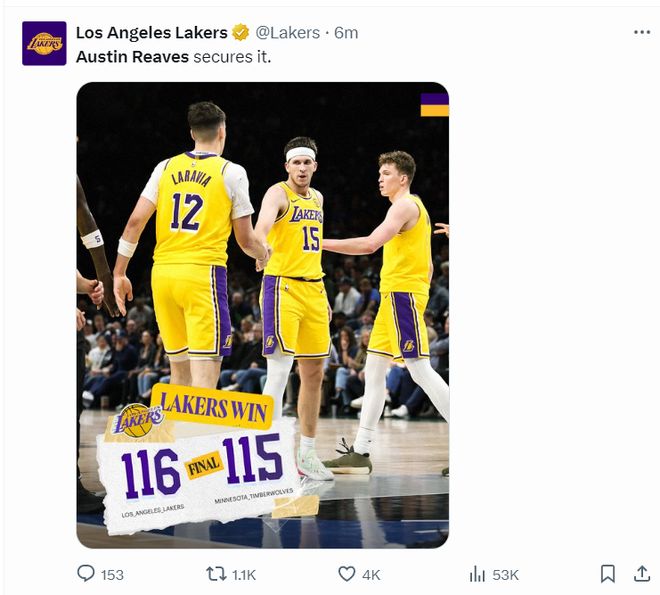 _里夫斯绝杀冲上全美第1热搜:魔术师直言英雄 湖媒东契奇都赞山羊_里夫斯绝杀冲上全美第1热搜:魔术师直言英雄 湖媒东契奇都赞山羊