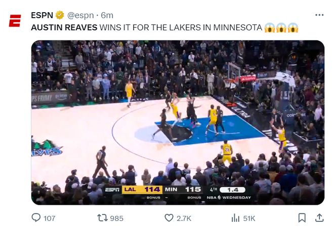 里夫斯绝杀冲上全美第1热搜:魔术师直言英雄 湖媒东契奇都赞山羊_里夫斯绝杀冲上全美第1热搜:魔术师直言英雄 湖媒东契奇都赞山羊_