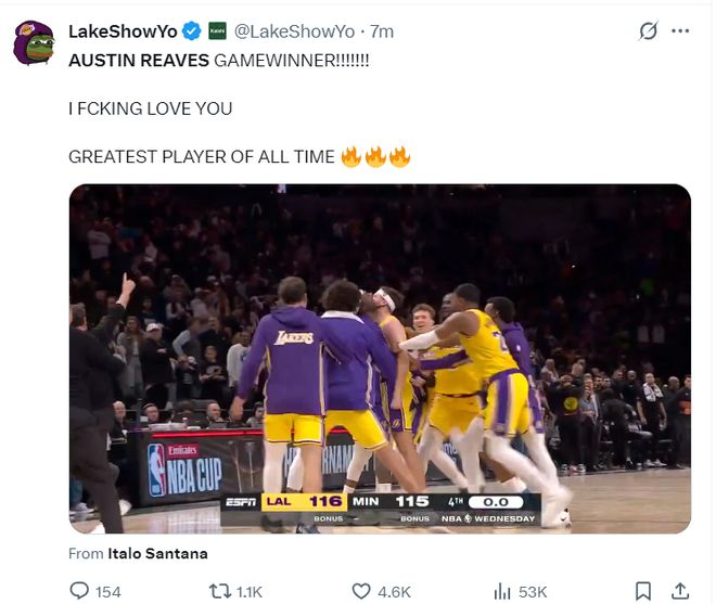 _里夫斯绝杀冲上全美第1热搜:魔术师直言英雄 湖媒东契奇都赞山羊_里夫斯绝杀冲上全美第1热搜:魔术师直言英雄 湖媒东契奇都赞山羊